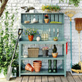 65 Inch Large Wooden Farmhouse Outdoor Potting Bench Table with 4 Storage Shelves & Anti-Falling Device, Rustic Patio Garden Workstation for Planting (Green)