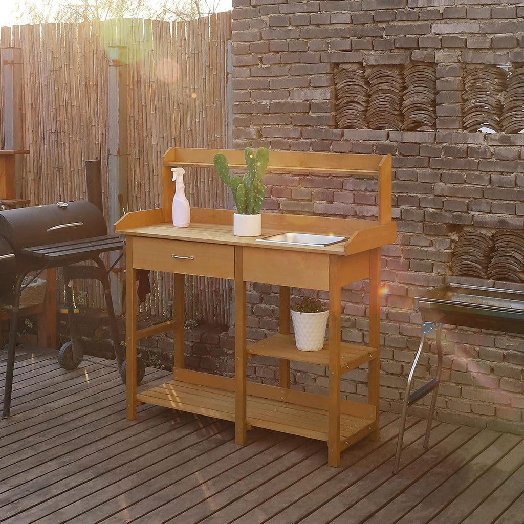 MUPATER Potting Bench Garden Table for Outdoors with Removable Stainless Sink, Planting Work Bench with Storage Shelves and Drawer, Natural Wood