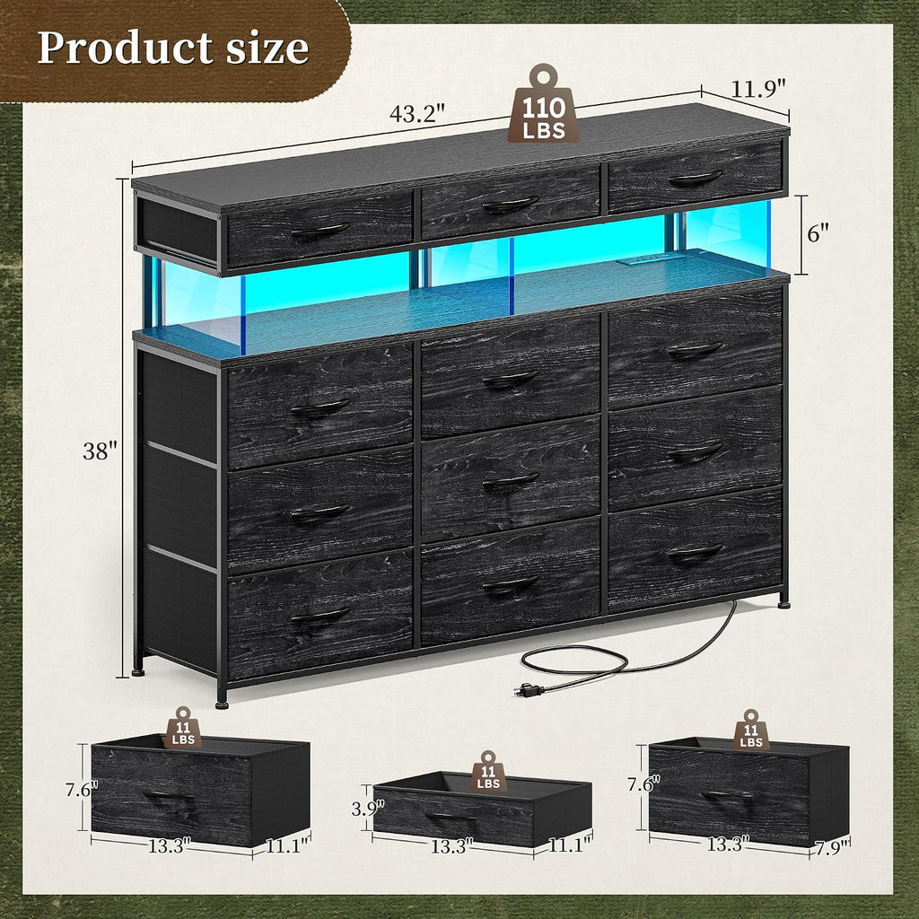 Romorgniz Black Dresser for Bedroom with Charging Station and LED Lights, Fabric Dressers & Chest of Drawers, Dresser TV Stands for Living Room, Open Shelves, 10MM Thick Acrylic Sheet