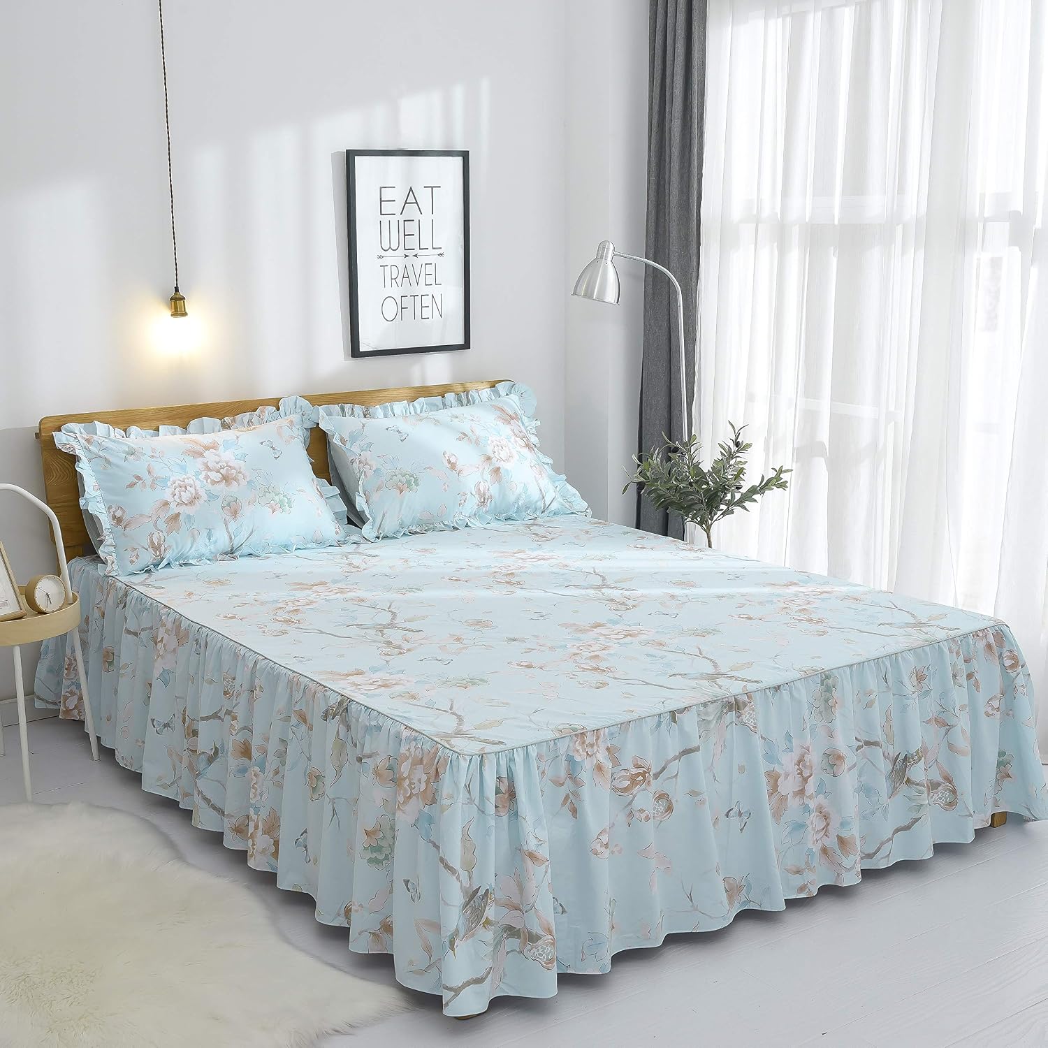 FADFAY Farmhouse Floral Bedding Shabby Blue Bird Print French Countryside Chic Bedding Set Luxury Bedskirt Collections 800 Thread Count 100% Egyptian Cotton, 4 Piece-Twin Size