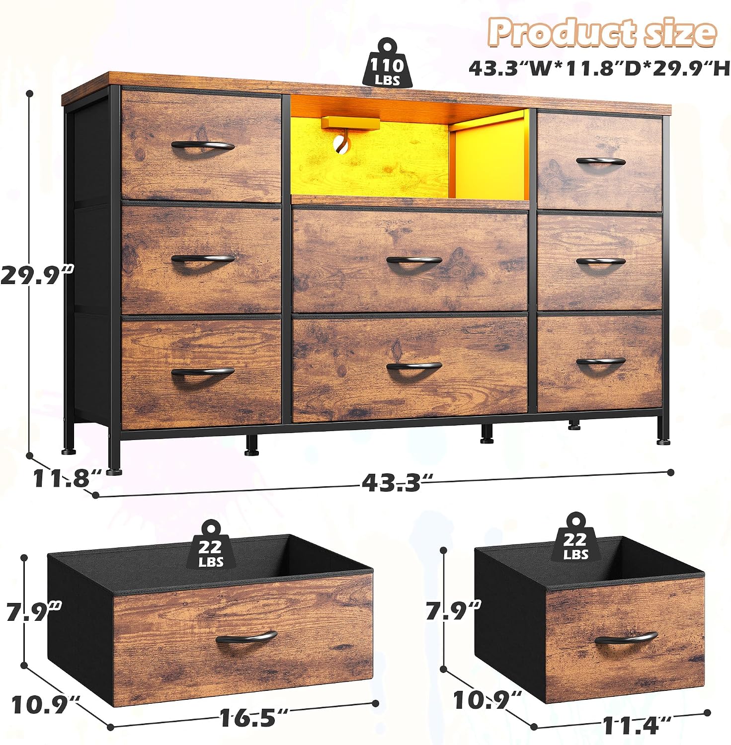 Dresser for Bedroom with LED Lights & Charging Station, Dresser TV Stand for Bedroom with 8 Drawer for 55 inch TV, Fabric Dressers & Chests of Drawers with Shelves for Hallway Entryway, Rustic Brown