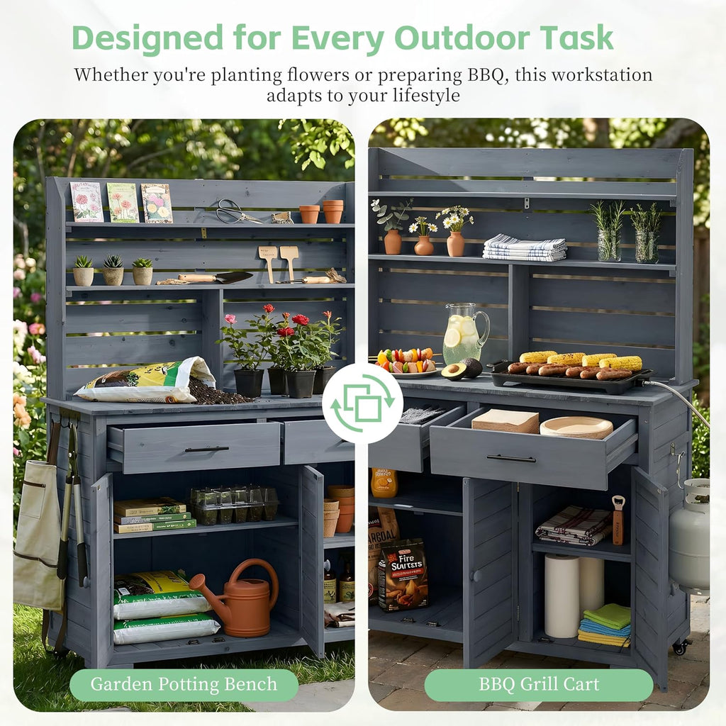 LUMISOL Garden Storage Potting Bench with Lockable Wheels, 65'' H Patio Workstation with Hutch Top, Outdoor Kitchen Island with Drawers, Removal Shelves, and Storage Cabinets, for Grilling, Gray