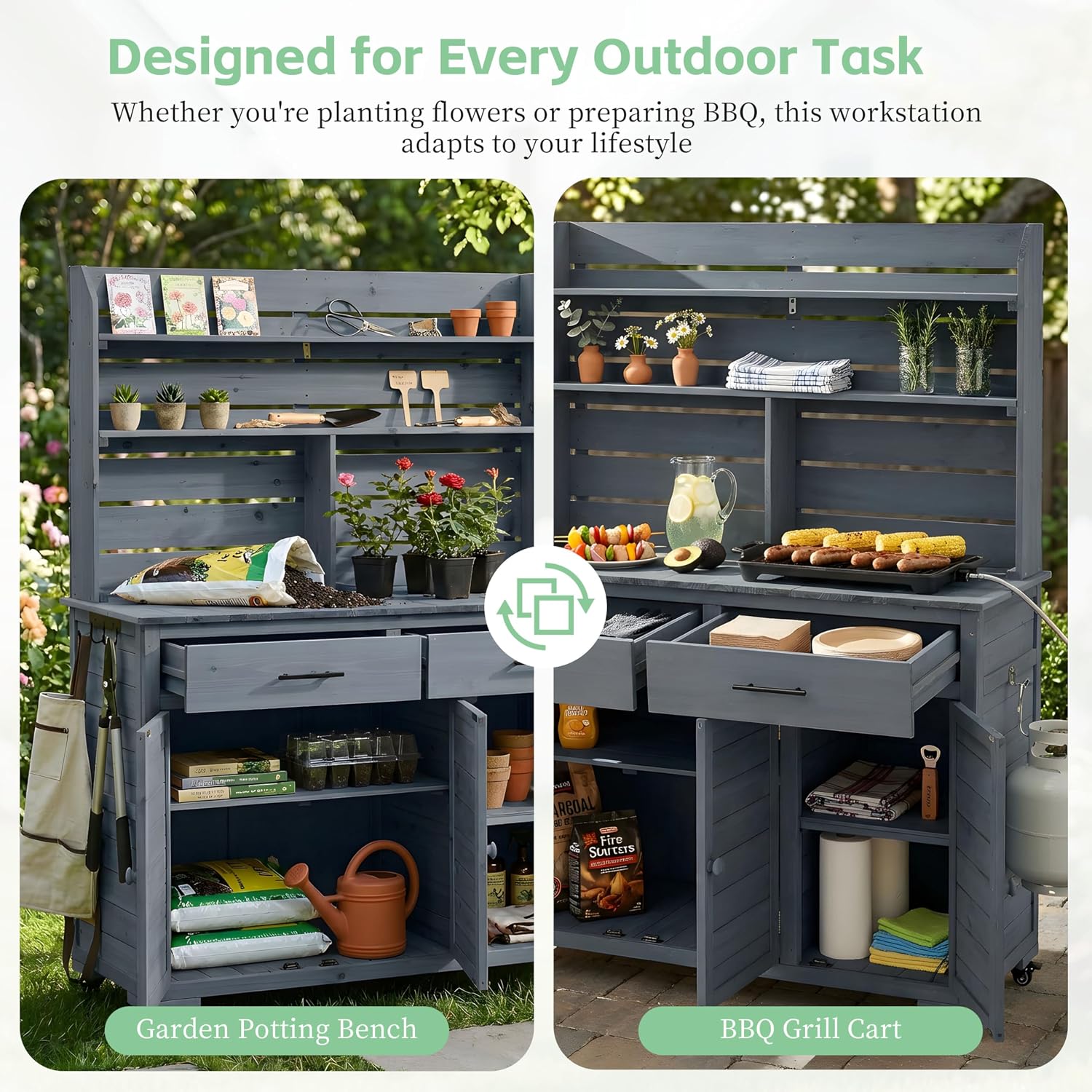 LUMISOL Garden Storage Potting Bench with Lockable Wheels, 65'' H Patio Workstation with Hutch Top, Outdoor Kitchen Island with Drawers, Removal Shelves, and Storage Cabinets, for Grilling, Gray