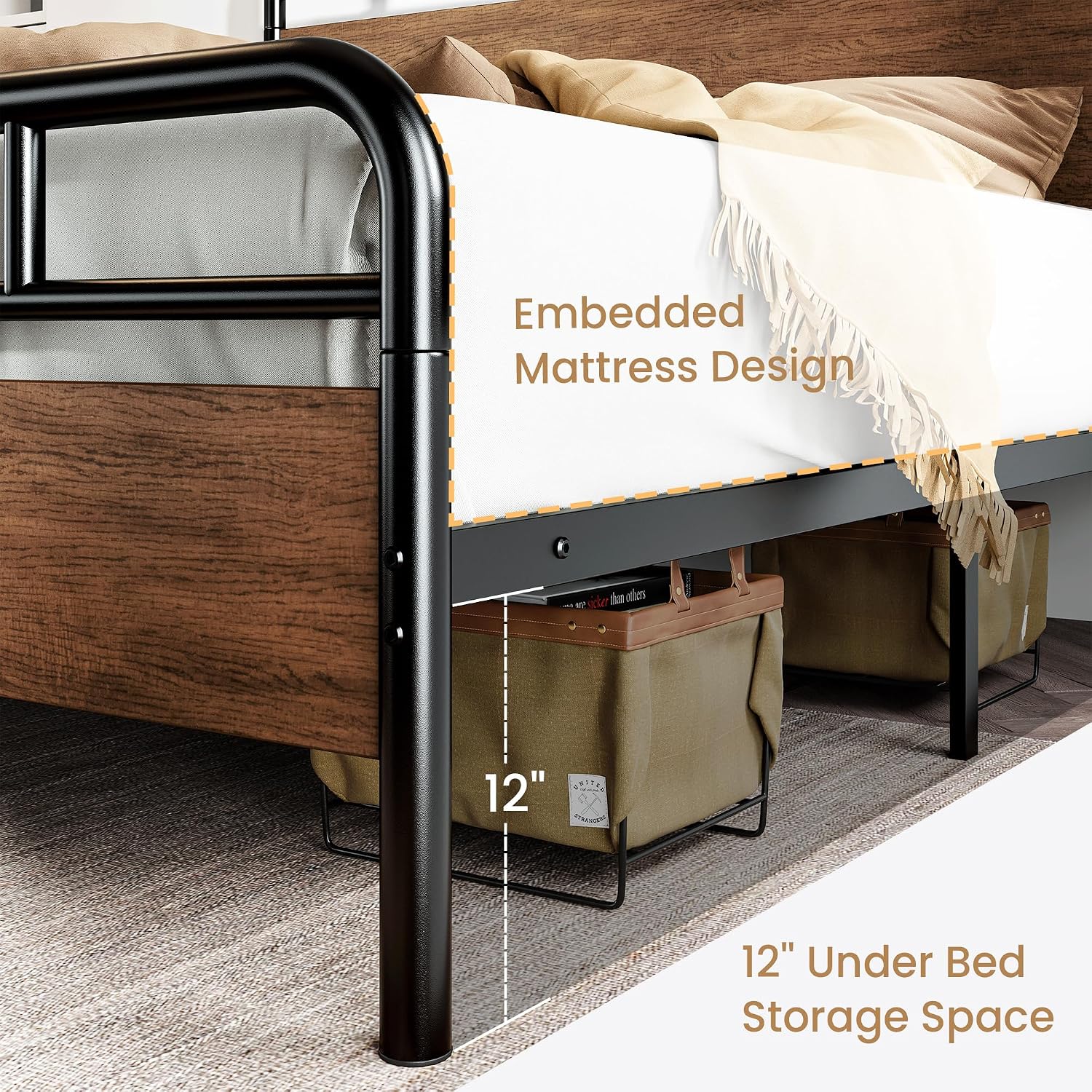 SHA CERLIN King Size Bed Frame with Wooden Headboard and Footboard, Rounded Corner Metal Structure, Heavy Duty Slats with Under-Bed Storage, No Box Spring Needed, Walnut