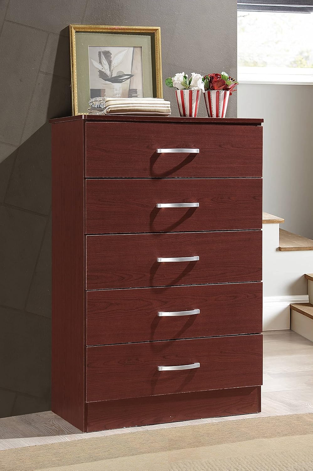 HODEDAH 5 Drawer Wood Dresser for Bedroom, Chest of Drawers with Metal Rails for Support when Storing Clothing, Mahogany, 47.8x31.5 inches