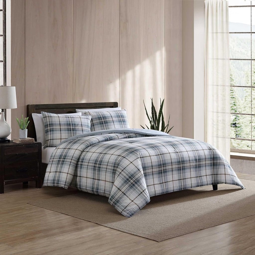 Eddie Bauer - King Comforter Set, Reversible Cotton Bedding with Matching Shams, Plaid Home Decor (Alder Blue/Grey, King)