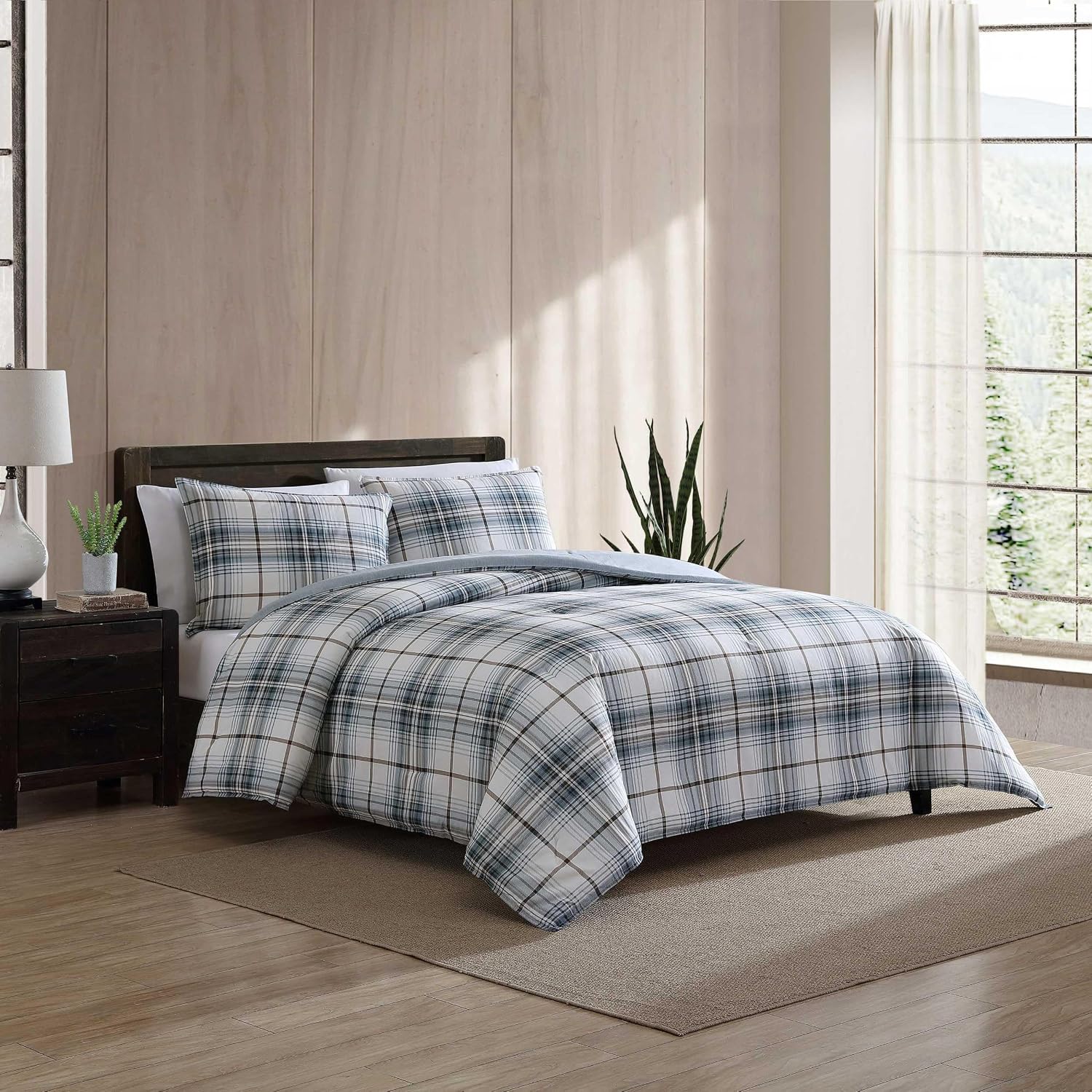 Eddie Bauer - King Comforter Set, Reversible Cotton Bedding with Matching Shams, Plaid Home Decor (Alder Blue/Grey, King)
