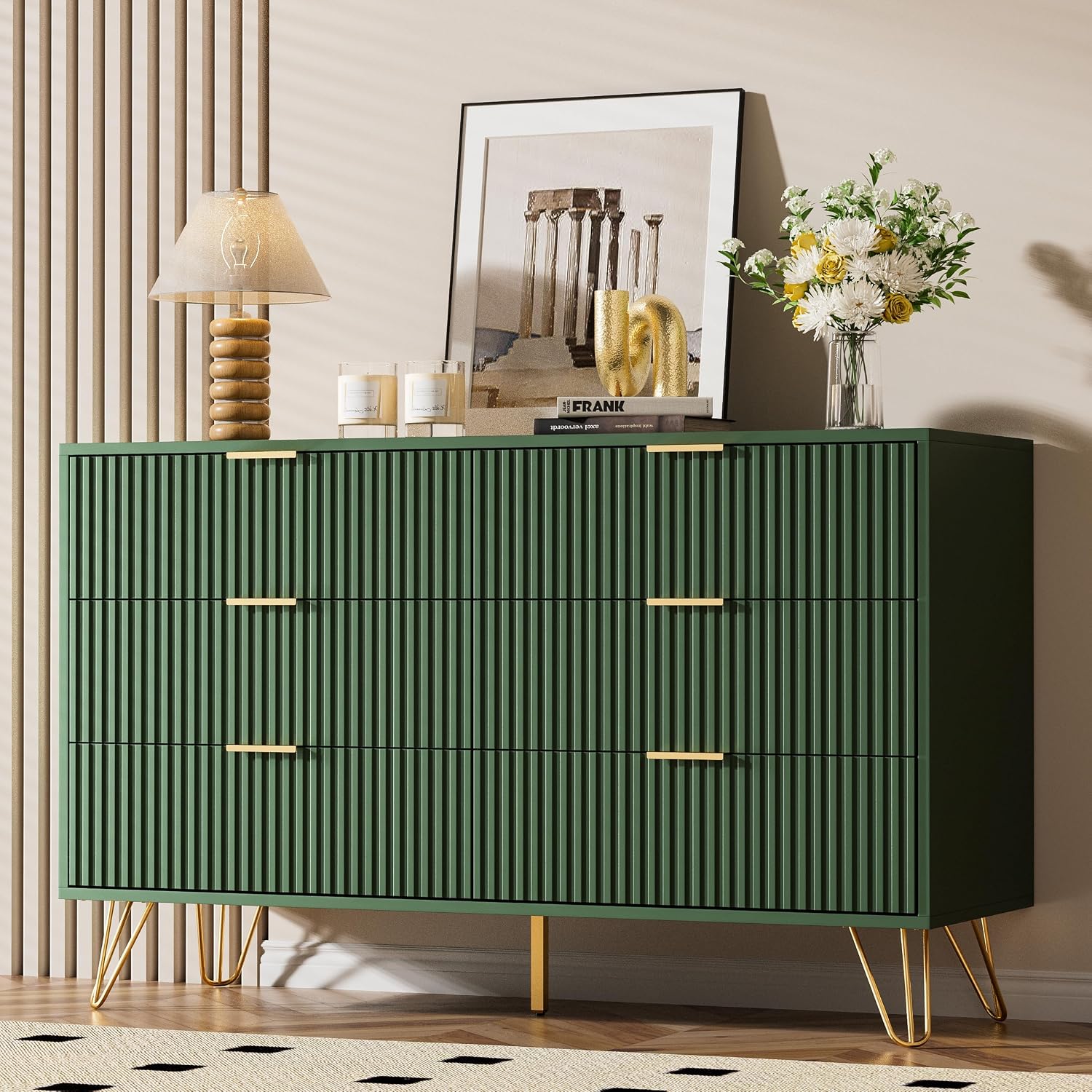 Furniway Green Dresser for Bedroom, Modern Dresser with Gold Metal Handles & Chests of Drawers for Bedroom, 15.7' D x 47.2' W x 29.5' H