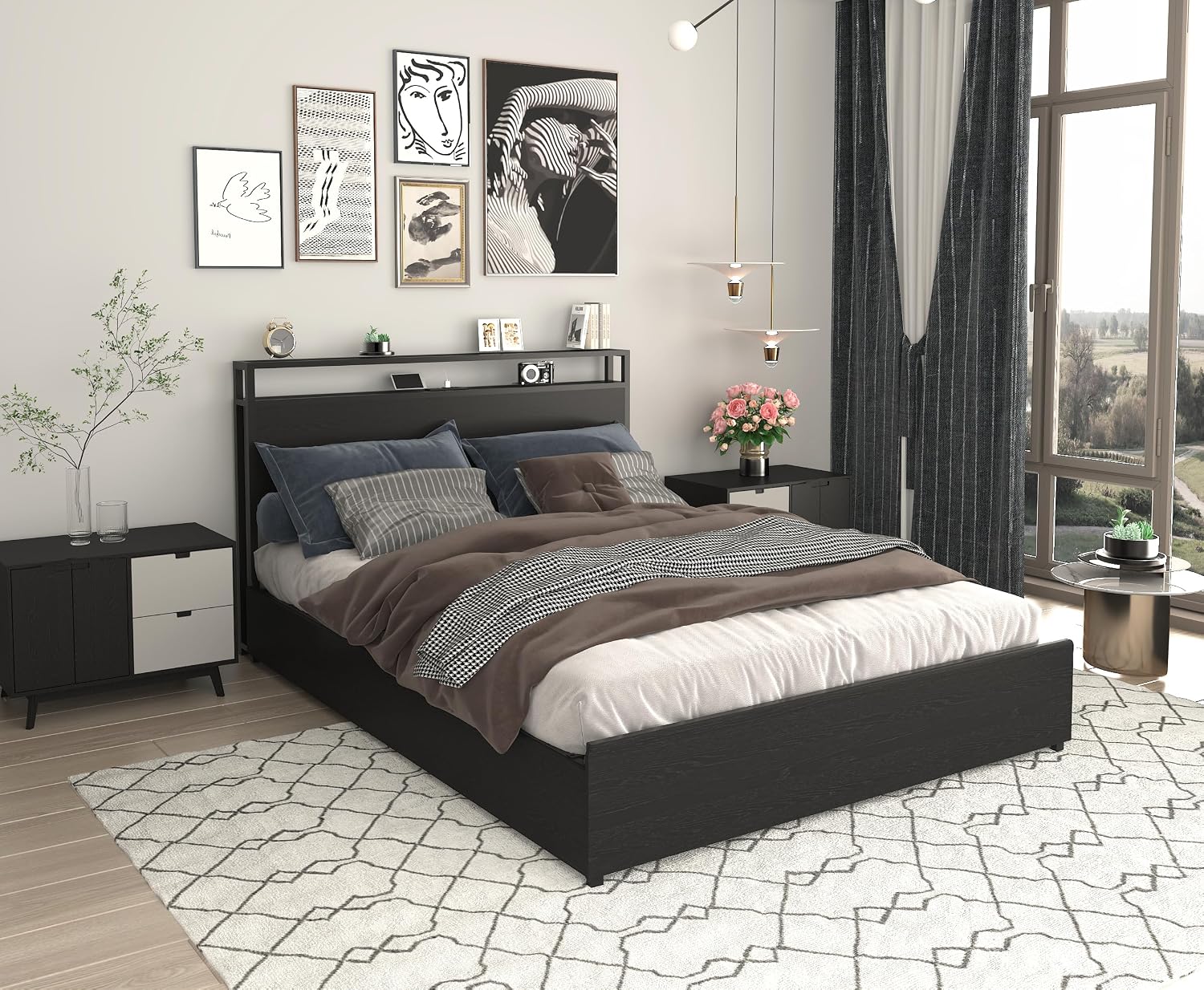Bellemave Queen Size Bed Frame with 4 Storage Drawers and Charging, Queen Size Bed Frame with Headboard and Charging Station and with Led Lightstation, No Box Spring Needed, (Queen, Black)