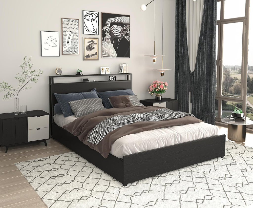 Bellemave Full Size Bed Frame with 4 Storage Drawers and Charging, Full Size Bed Frame with Headboard and Charging Station and with Led Lightstation, No Box Spring Needed, (Full, Black)