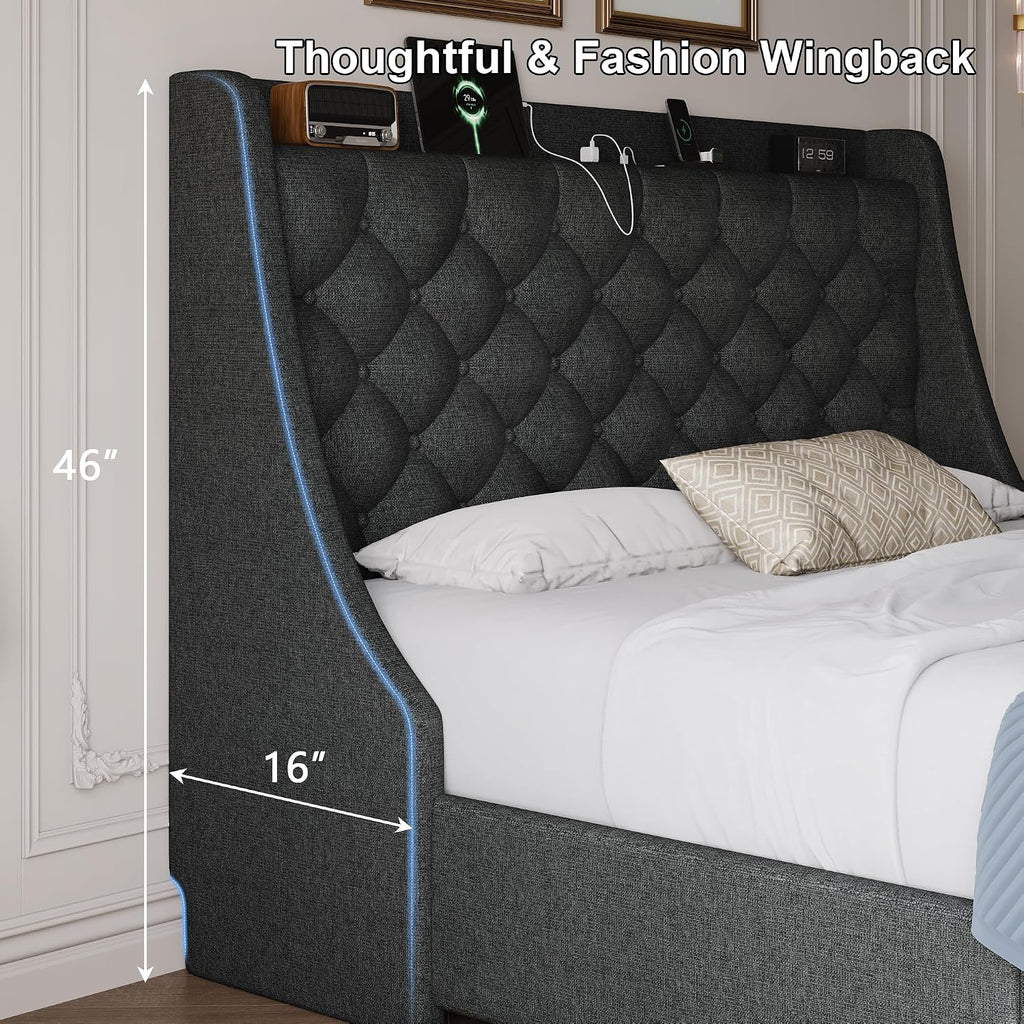 Full Size Bed Frame with 4 Storage Drawers & Charging Station, Linen Button Tufted Wingback Headboard Upholstered Platform Bed, Sturdy Wooden Support Slats, No Box Spring Needed, Dark Grey