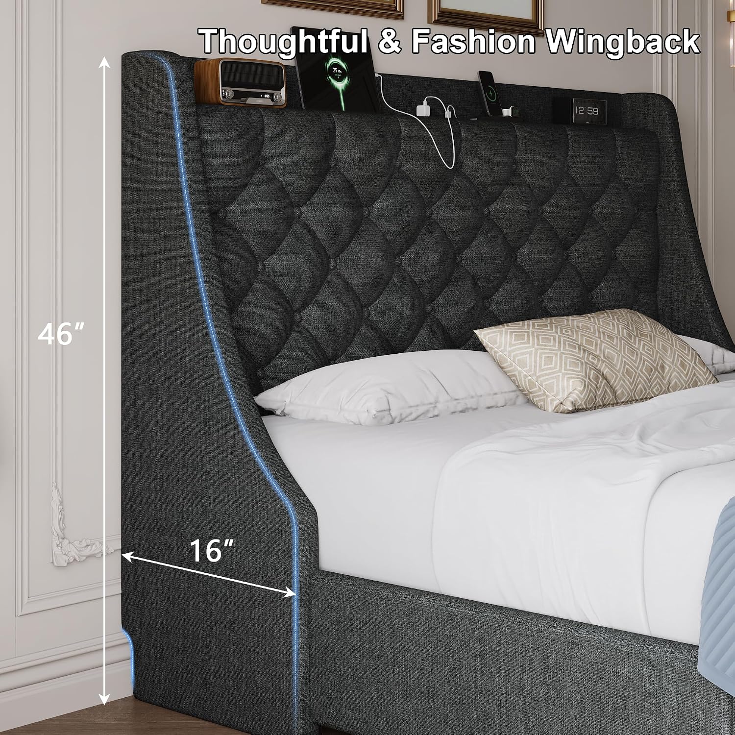 Full Size Bed Frame with 4 Storage Drawers & Charging Station, Linen Button Tufted Wingback Headboard Upholstered Platform Bed, Sturdy Wooden Support Slats, No Box Spring Needed, Dark Grey