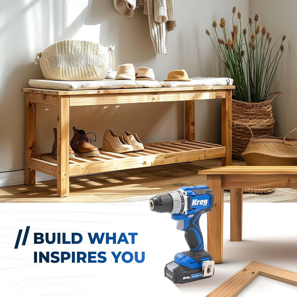 Kreg 20V Ionic Drive 1/2' Compact Drill, 20V Blue Ion Charger & 2Ah Battery Pack - Professional Cordless Drill with Compact Design - For Woodworking & Everyday DIY Applications - KPTBDR050A