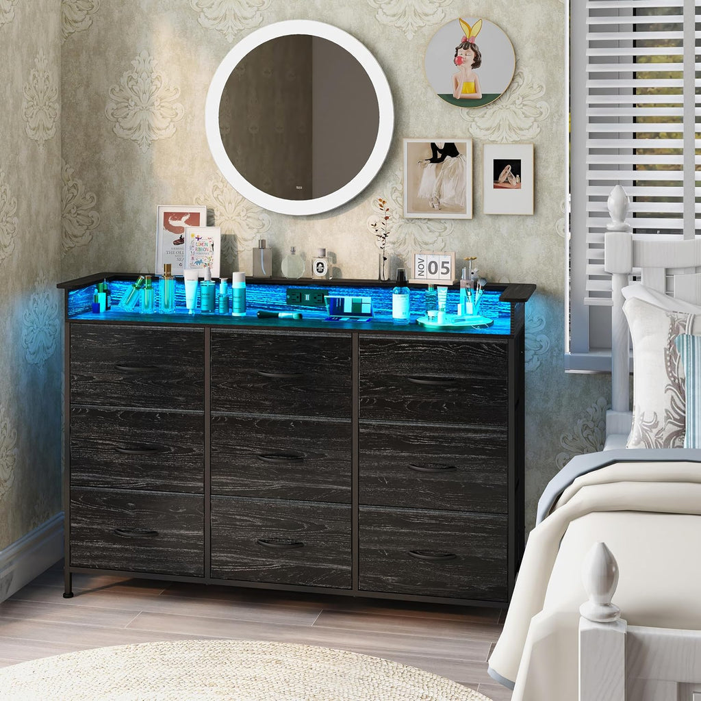 EXOTICA Black Dresser with Charging Station 9 Drawers Dresser with LED Light and USB Ports Fabric Dressers for Bedroom Hallway Entryway Closets Sturdy Steel Frame Wood Top