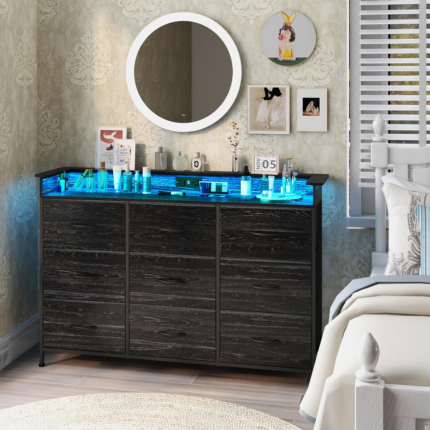 EXOTICA Black Dresser with Charging Station 9 Drawers Dresser with LED Light and USB Ports Fabric Dressers for Bedroom Hallway Entryway Closets Sturdy Steel Frame Wood Top