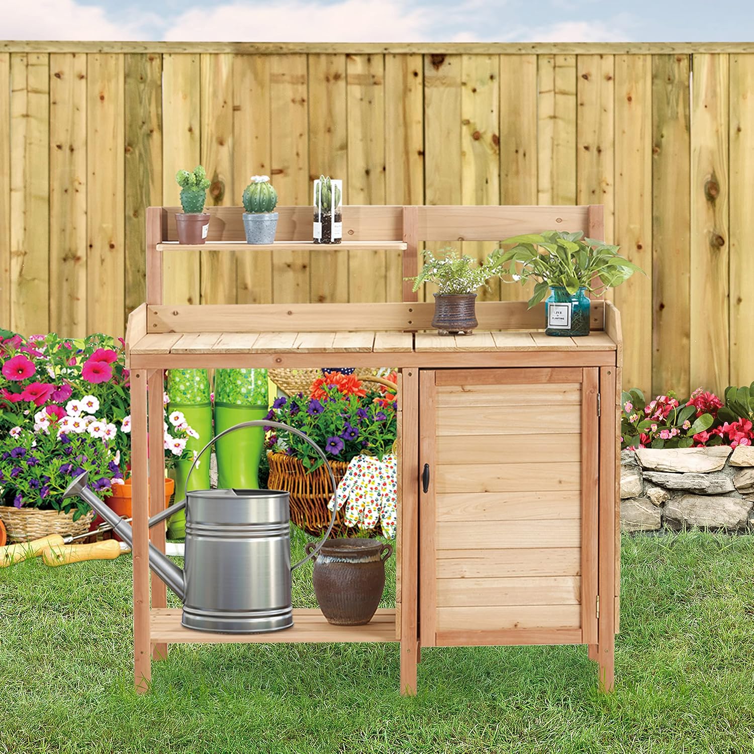 Outdoor Wooden Potting Bench with Sink & Storage – Heavy-Duty Garden Workstation Table for Patio, Lawn, Backyard Gardening