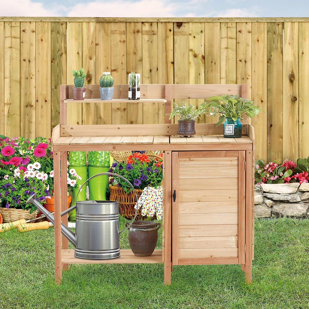 Outdoor Wooden Potting Bench Table with Sink, Garden Table Work Bench with Storage, Workstation for Outside Patio Lawn, Natural