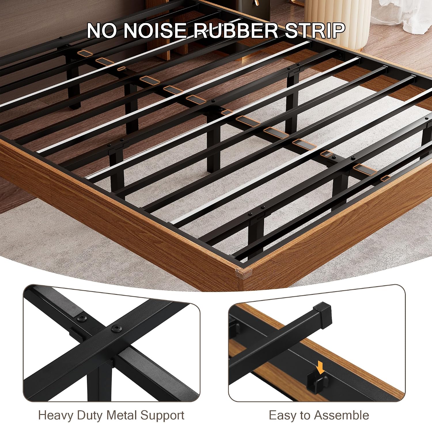 Full Size Bed Frame with LED Lights & Charging Station – Kids Wood Floating Bed Frame with Storage Headboard, Adhesive Slats, Kick-Free & Noise-Free Design, Easy Assembly, Walnut