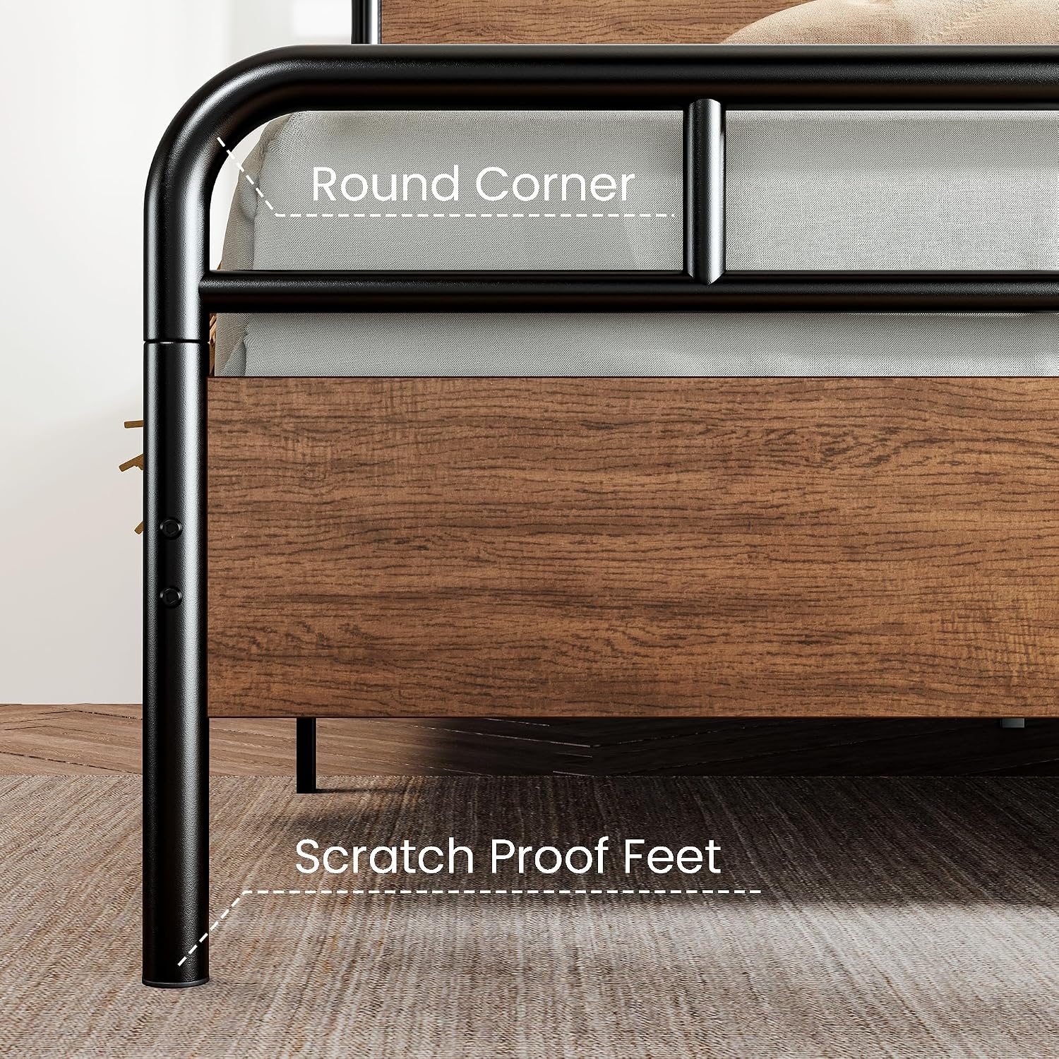 SHA CERLIN King Size Bed Frame with Wooden Headboard and Footboard, Rounded Corner Metal Structure, Heavy Duty Slats with Under-Bed Storage, No Box Spring Needed, Walnut