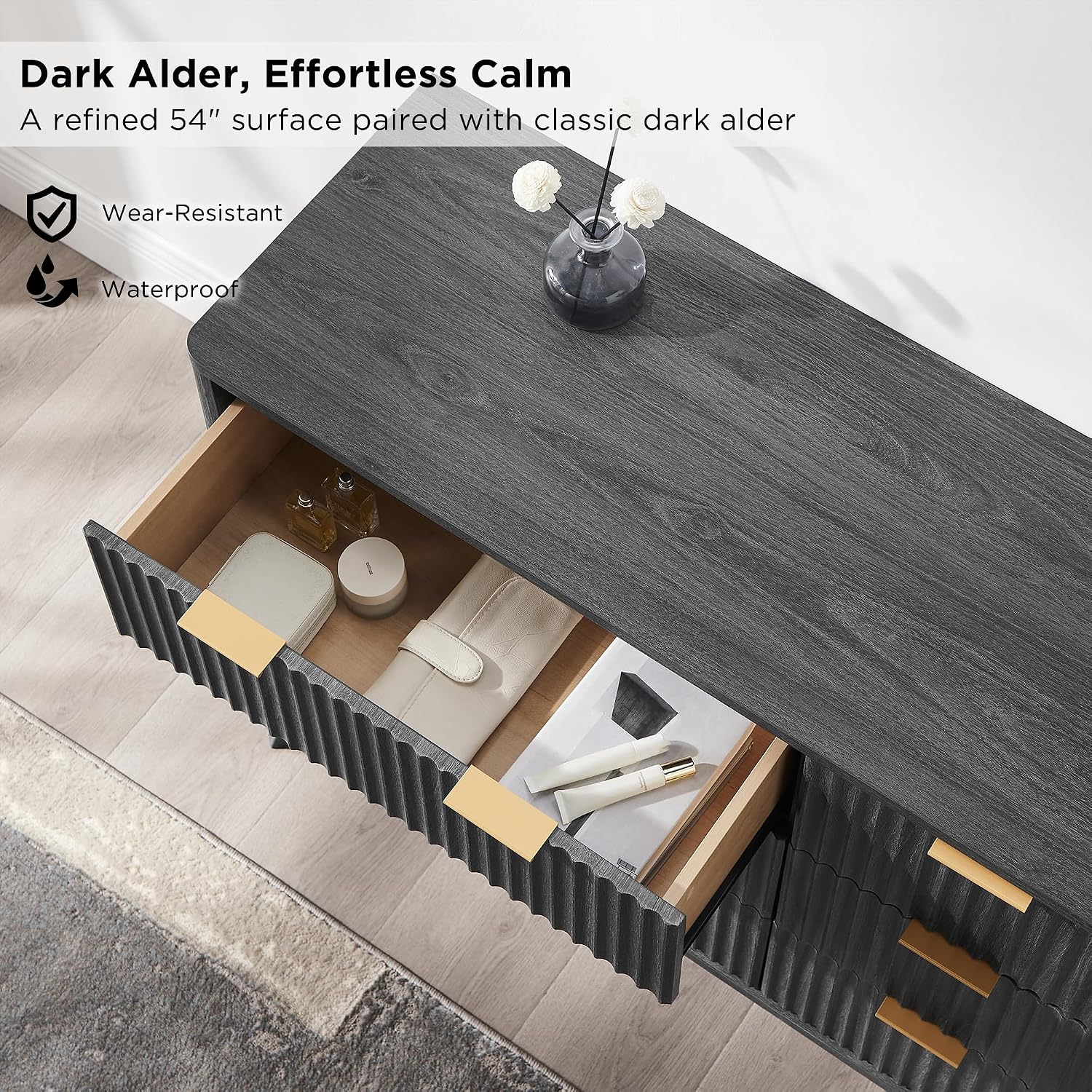 T4TREAM Fluted 6 Drawers Dresser, 54' Wide Modern Chest of Drawers, Curved Profile Design, Dresser TV Stand, Wood Drawer Organizer for Bedroom, Living Room, Hallway, Dark Alder