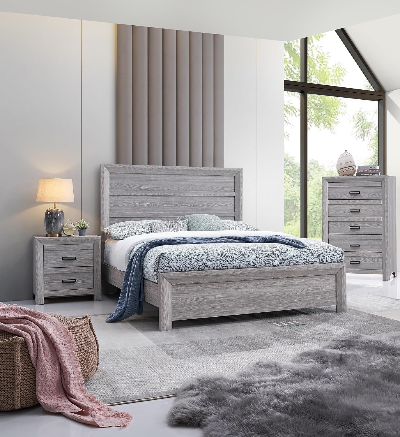 Drift Wood Grey Finish 3pc Full Size Panel Bed Set Wooden Bedroom Furniture Contemporary Style