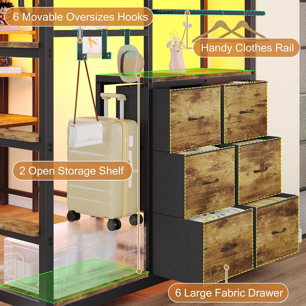 Dnxao Twin Loft Bed with Desk, Twin Bed Frame with 6 Storage Drawers, 2 Bedside Organizer,3 Movable Hooks,LED Lights & Charging Station,Bunk Bed with Desk, Clothes Rack,Safety Guardrail,Rustic Brown