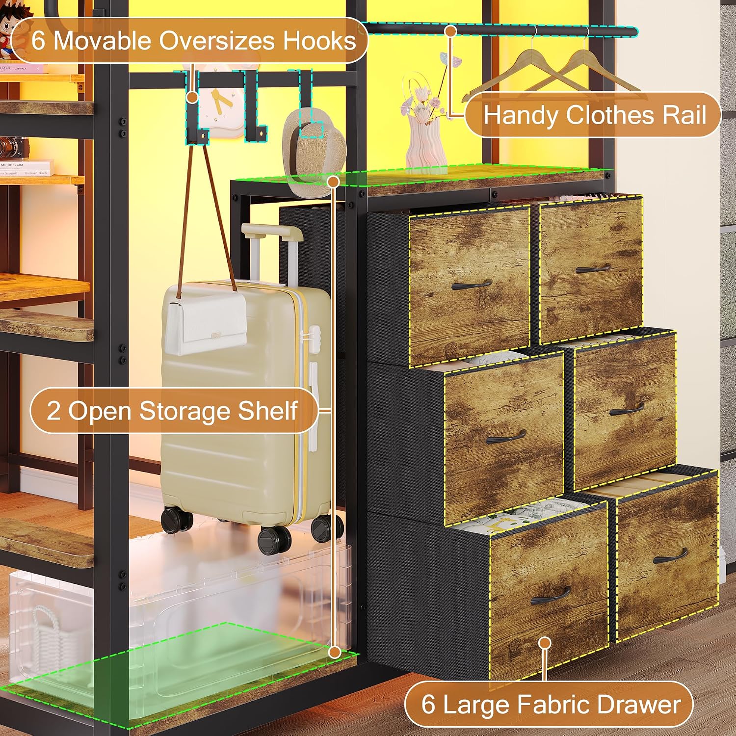 Dnxao Twin Loft Bed with Desk, Twin Bed Frame with 6 Storage Drawers, 2 Bedside Organizer,3 Movable Hooks,LED Lights & Charging Station,Bunk Bed with Desk, Clothes Rack,Safety Guardrail,Rustic Brown