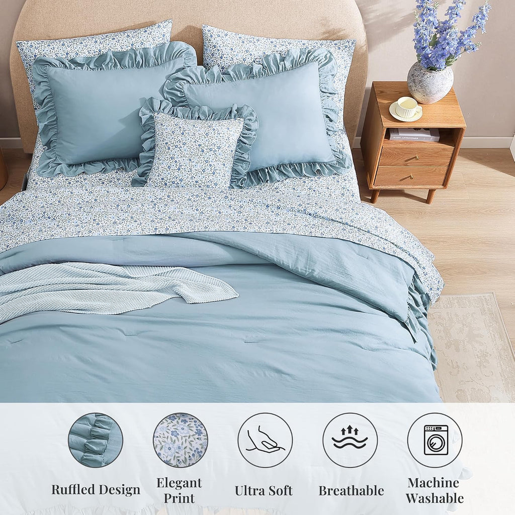 BLOOMHAVEN Oversized King Comforter Set - 7 Pieces Ruffle Blue Bedding Sets, Shabby Chic Farmhouse Bed in a Bag with Ruffle Comforter, Floral Sheets, Pillowcases & Shams