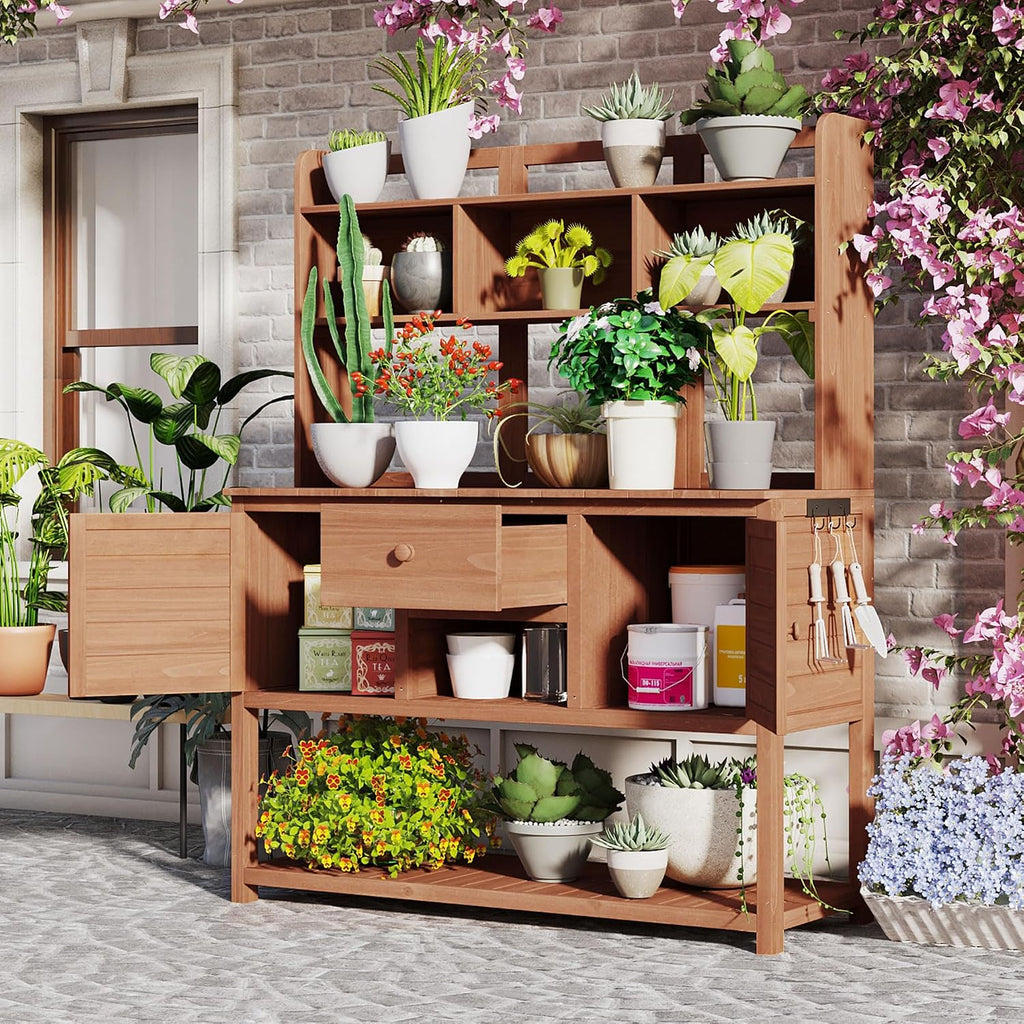 66' Wooden Potting Bench for Outdoor, Large Garden Potting Tables with Side Hooks, Storage Drawer & Adjustable Shelves, Garden Plant Work Bench Table for Backyard (Brown, 20' D X 50' W X 66' H)