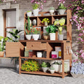 66' Wooden Potting Bench for Outdoor, Large Garden Potting Tables with Side Hooks, Storage Drawer & Adjustable Shelves, Garden Plant Work Bench Table for Backyard (Brown, 20' D X 50' W X 66' H)