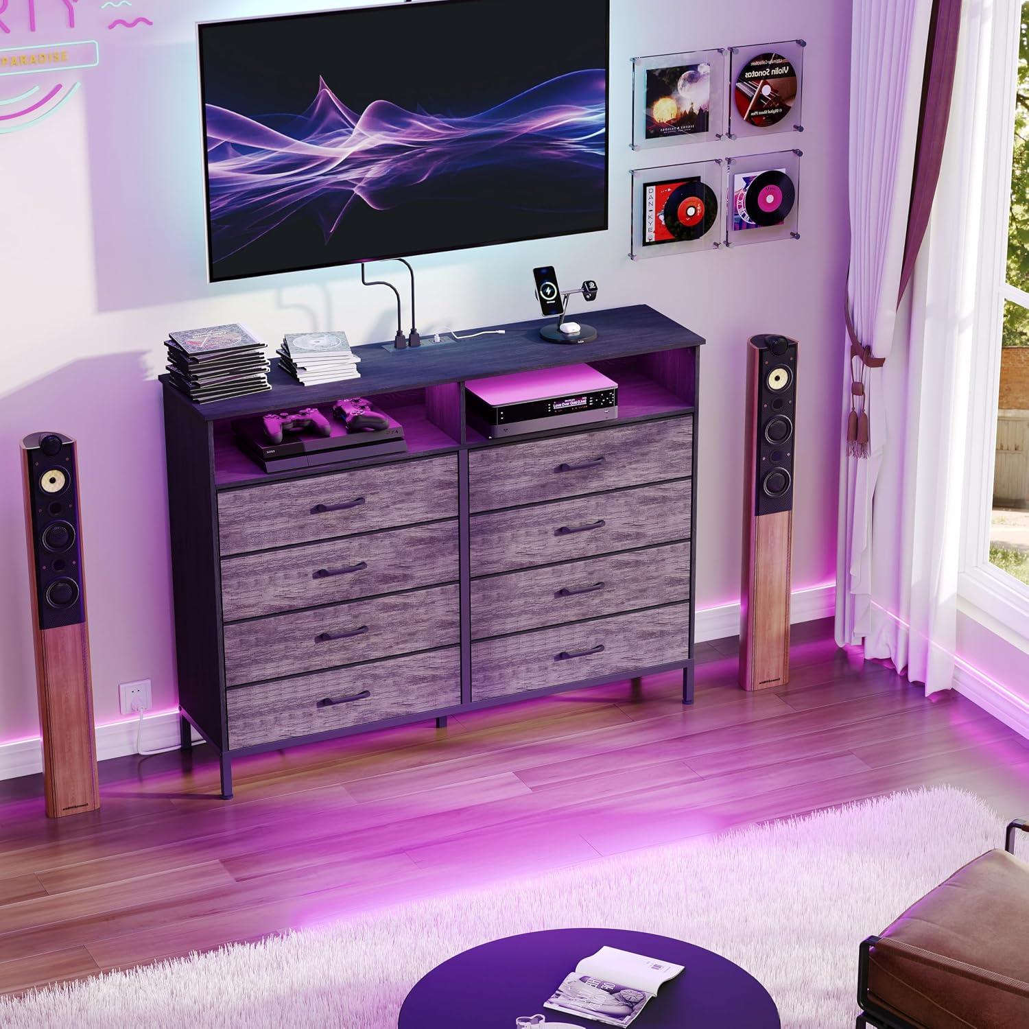Dresser for Bedroom Grey Bedroom Dresser with LED Lights and Charging Station, 8 Long Fabric Drawers Dressers, Vertical Chest of Drawers Storage Organizer TV Stand for up to 60' TV for Living Room