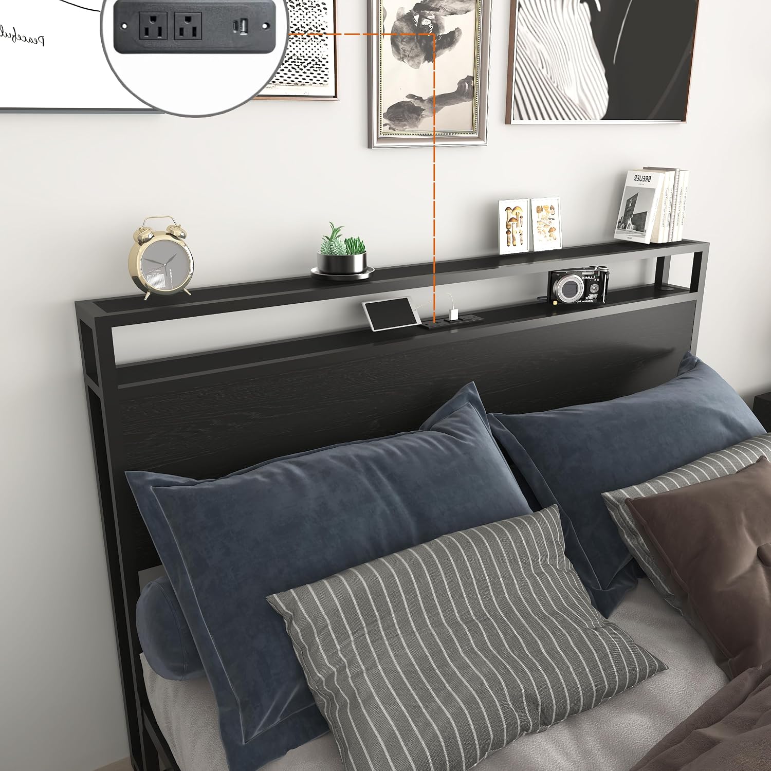 Bellemave Queen Size Bed Frame with 4 Storage Drawers and Charging, Queen Size Bed Frame with Headboard and Charging Station and with Led Lightstation, No Box Spring Needed, (Queen, Black)