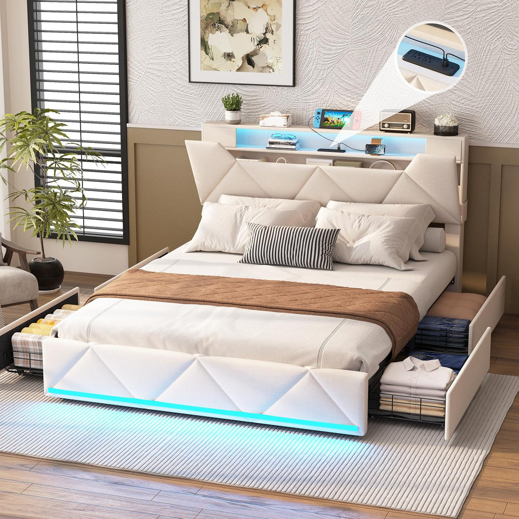 Vabches Full Bed Frame with Storage Headboard and 4 Drawers,Upholstered Platform with Charging Station and Led Lights,Adjustable Headboard,No Box Spring Needed,Beige