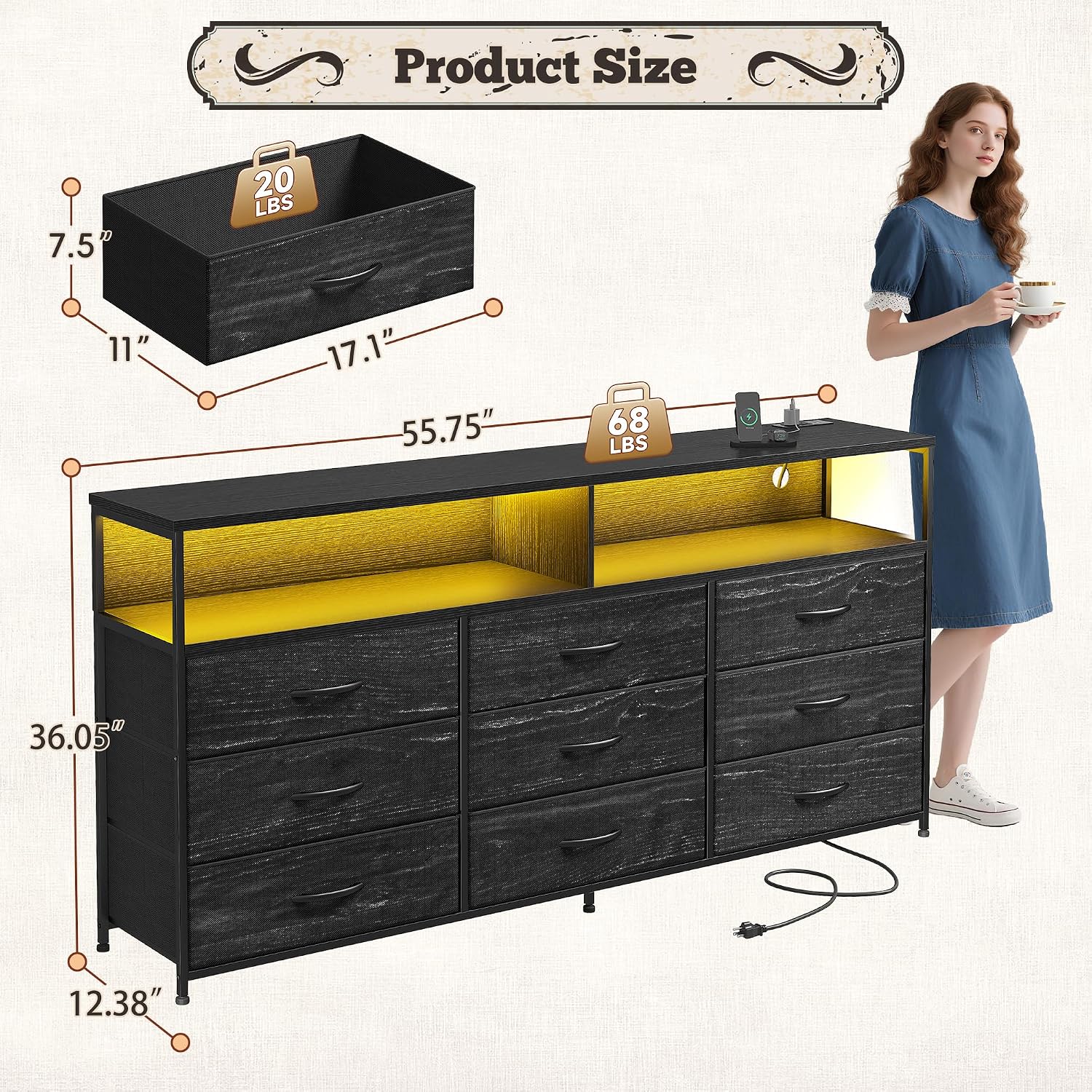 Romorgniz 55' W Dresser for Bedroom with 9 Drawers LED TV Stand with Power Outlets for 45, 55, 65 Inch TV Sturdy Long Chest of Drawers with Extra 2 Wooden Shelves Steel Frame Grain Black