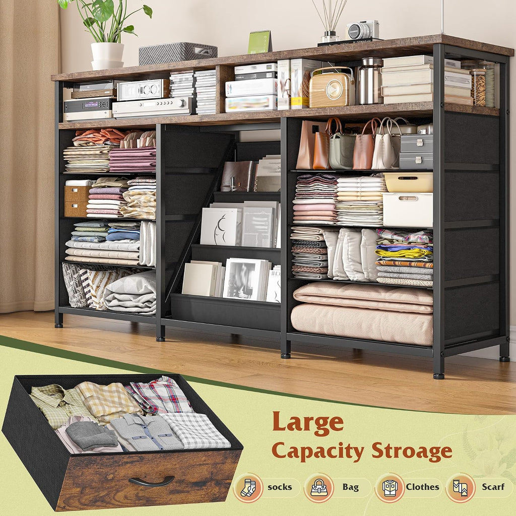 EnHomee 55 ' W Dresser for Bedroom with Bookrack & 8 Fabric Drawers, Dresser TV Stand with Power Outlet & LED Lights for 65 Inch TV, Chest of Drawers for Cabinet, Entryway,Rustic Brown