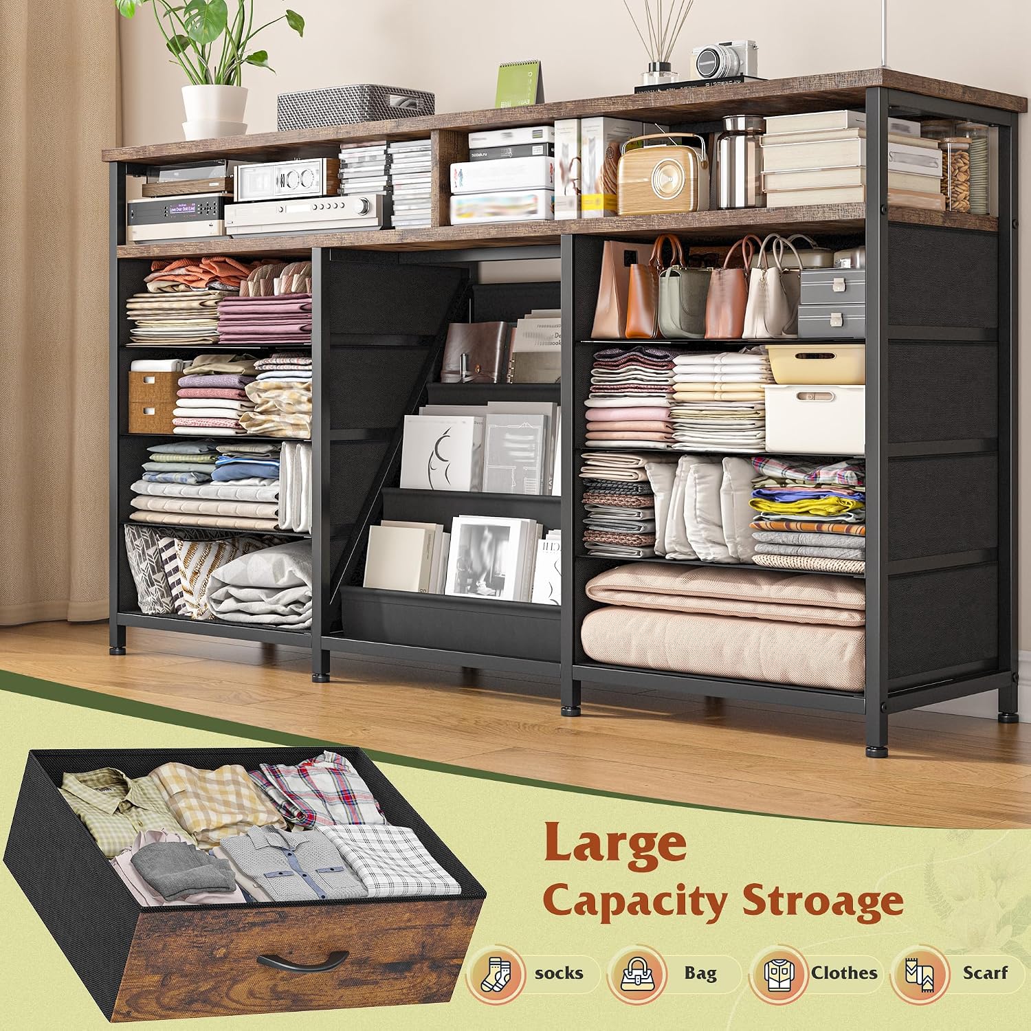 EnHomee 55 ' W Dresser for Bedroom with Bookrack & 8 Fabric Drawers, Dresser TV Stand with Power Outlet & LED Lights for 65 Inch TV, Chest of Drawers for Cabinet, Entryway,Rustic Brown