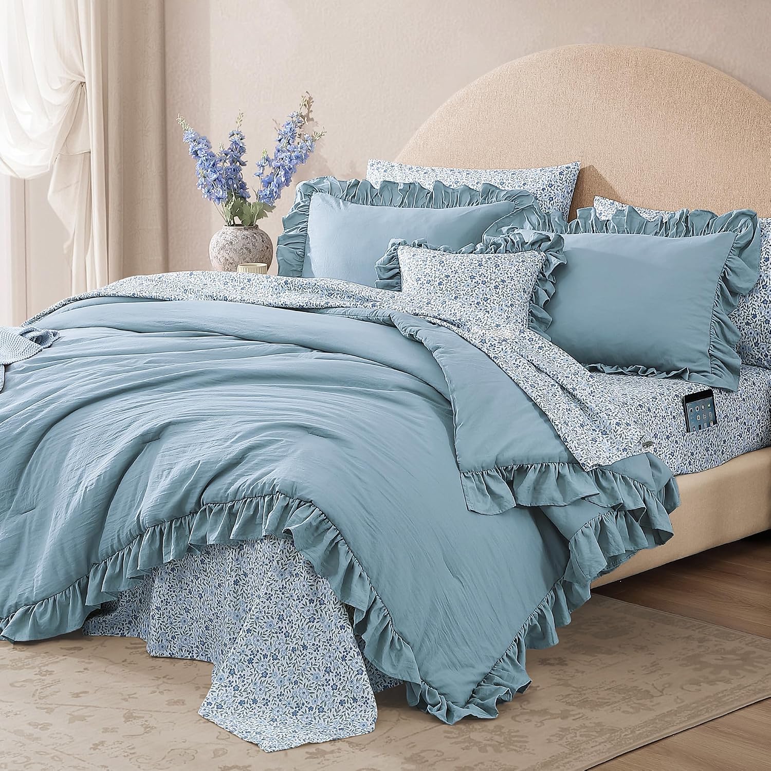 BLOOMHAVEN Oversized King Comforter Set - 7 Pieces Ruffle Blue Bedding Sets, Shabby Chic Farmhouse Bed in a Bag with Ruffle Comforter, Floral Sheets, Pillowcases & Shams