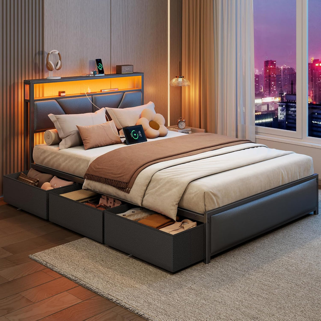 OURPIC Full Size Bed Frame, 6 Fabric Storage Drawers and 2-Tier Headboard, PU Leather Upholstered Platform Bed Frame Full with LED Lights and Charging Station, No Box Spring Needed, Noise Free