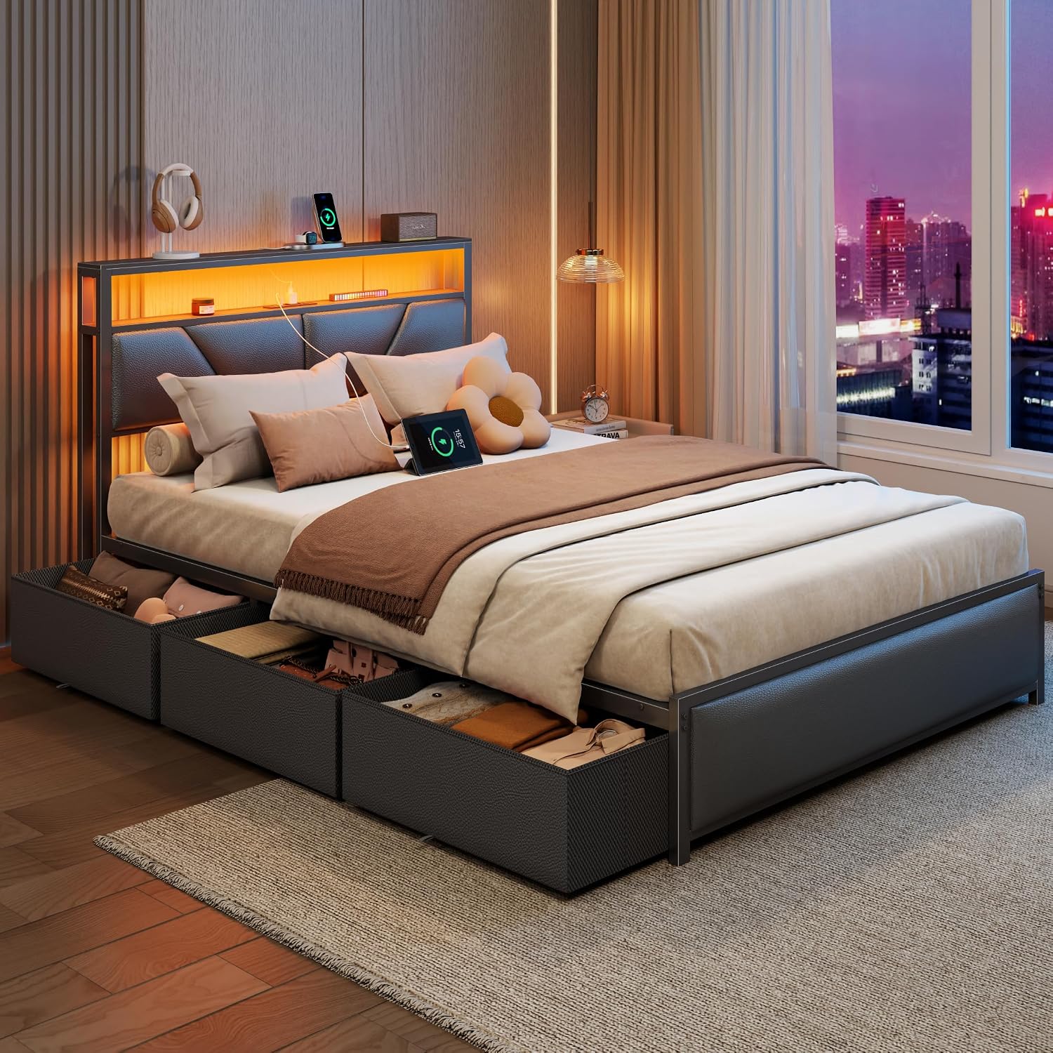OURPIC Full Size Bed Frame, 6 Fabric Storage Drawers and 2-Tier Headboard, PU Leather Upholstered Platform Bed Frame Full with LED Lights and Charging Station, No Box Spring Needed, Noise Free