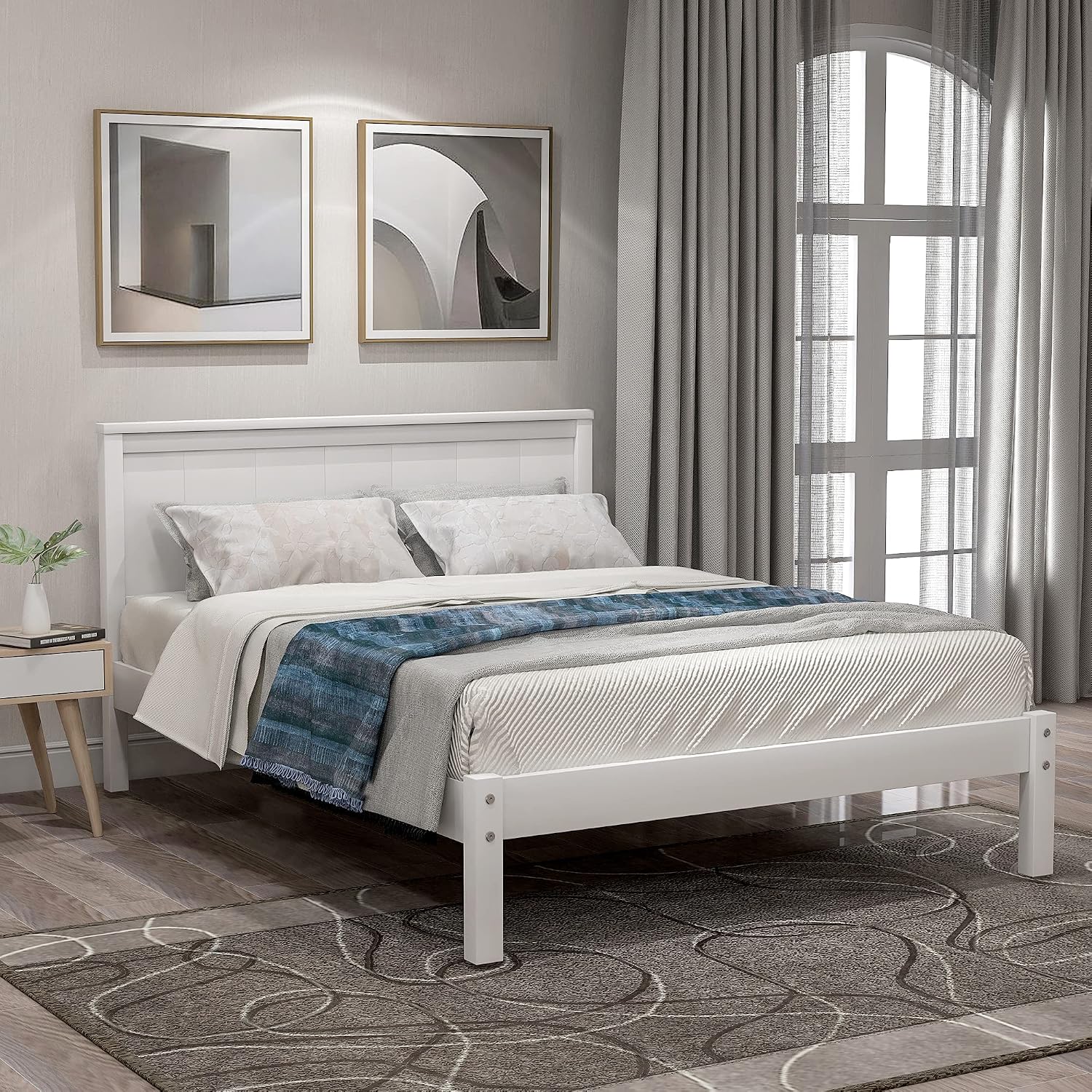 Twin Size Wood Bed Frame and Headboard, Modern Retro White Platform Beds Frames, Sturdy and Durable Design Mid Century Rustic Wooden Bedroom Set, No Box Spring Needed (White, Twin)