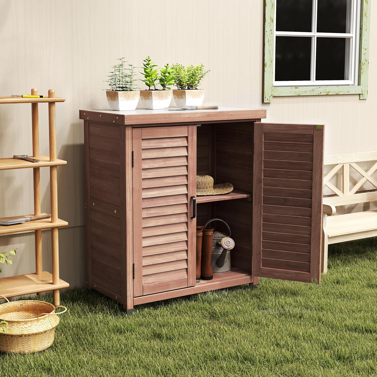 Potting Bench with Storage Cabinet and Metal Table Top for Outdoor Patio, GFurniture Wood Workstation Coffee 31.5x17x36''