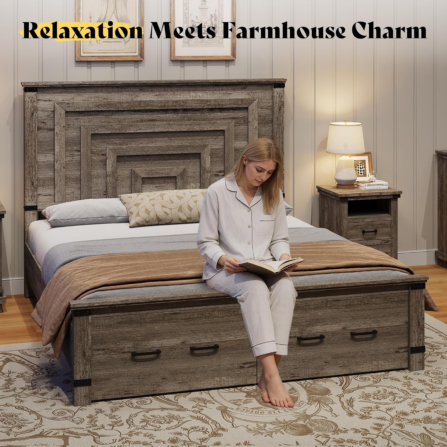 AMERLIFE Farmhouse Queen Bed Frame with 54' Tall Geometric Headboard & Footboard, Rustic Wood Platform Bed Frame with Large Storage Drawers, Wood Slats Support, No Box Spring Needed, Rustic Grey