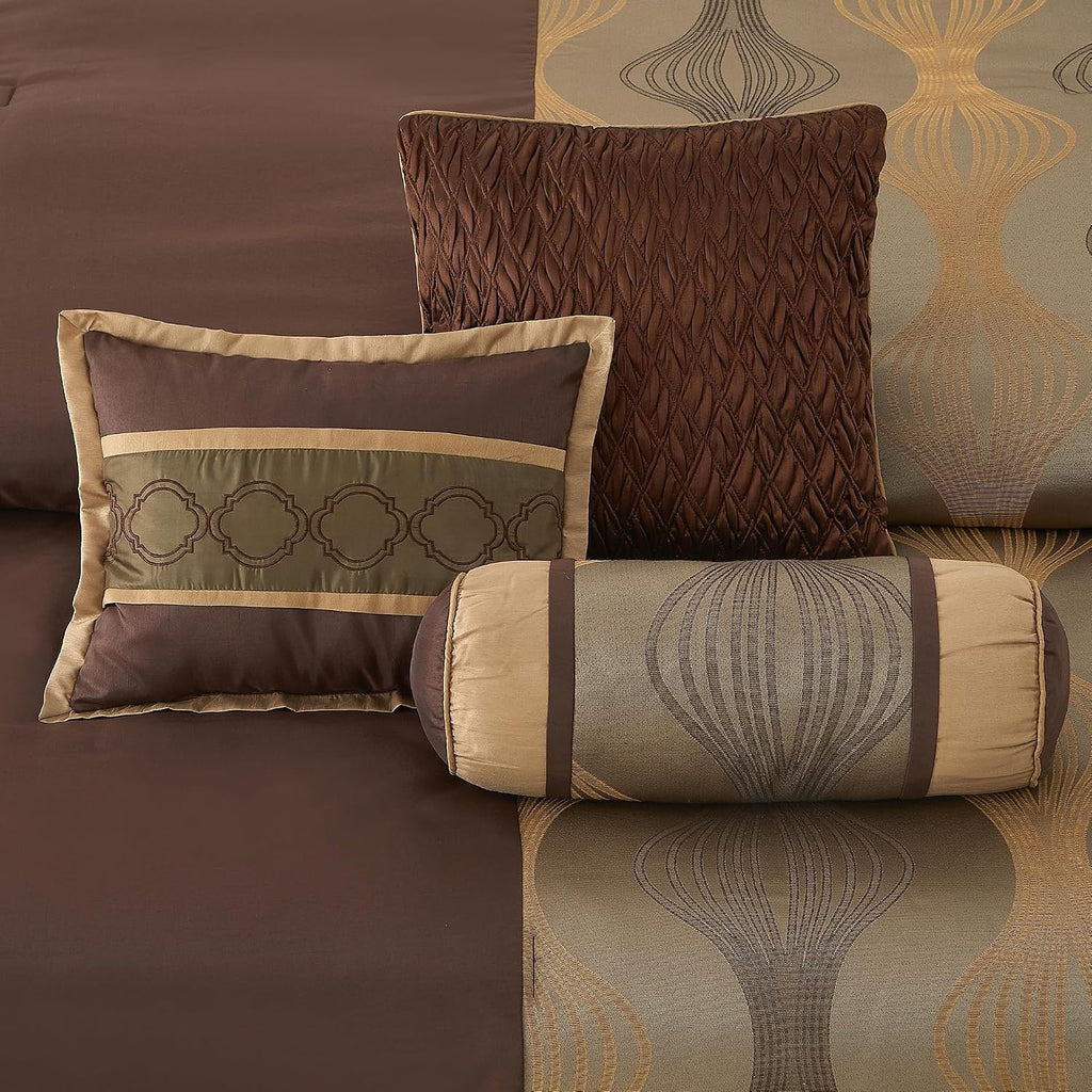 LANCO MODERN LIFESTYLE California King Comforter Set, Brown, 7 Pieces Bed in a Bag, Soft Jacquard with Solid Piecework, Luxury Bed Set with Comforters, Bed Skirt, Pillow Shams and Decorative Pillows