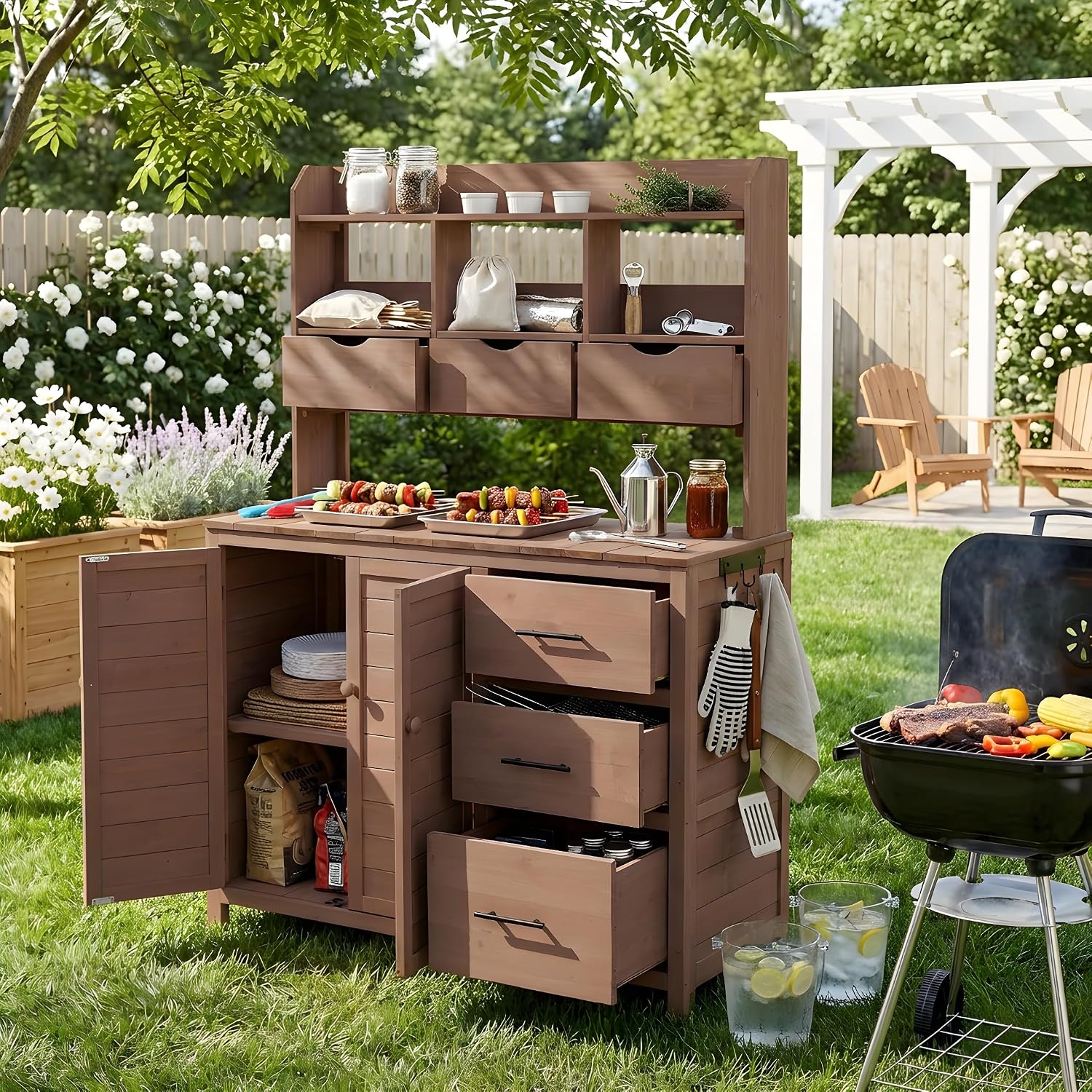 Roomfitters Garden Potting Bench with Storage Hutch, Outdoor Potting Table with 6 Drawers and Cabinets, Shelves, Brown