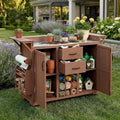 Modern 60.2''W Outdoor Kitchen Island with Wheels, Rolling Patio BBQ Kitchen Cart with Stainless Steel Top, Wood Grill Cart with Spice Rack&Wine Rack,2 Drawers (Brown-60.2'')