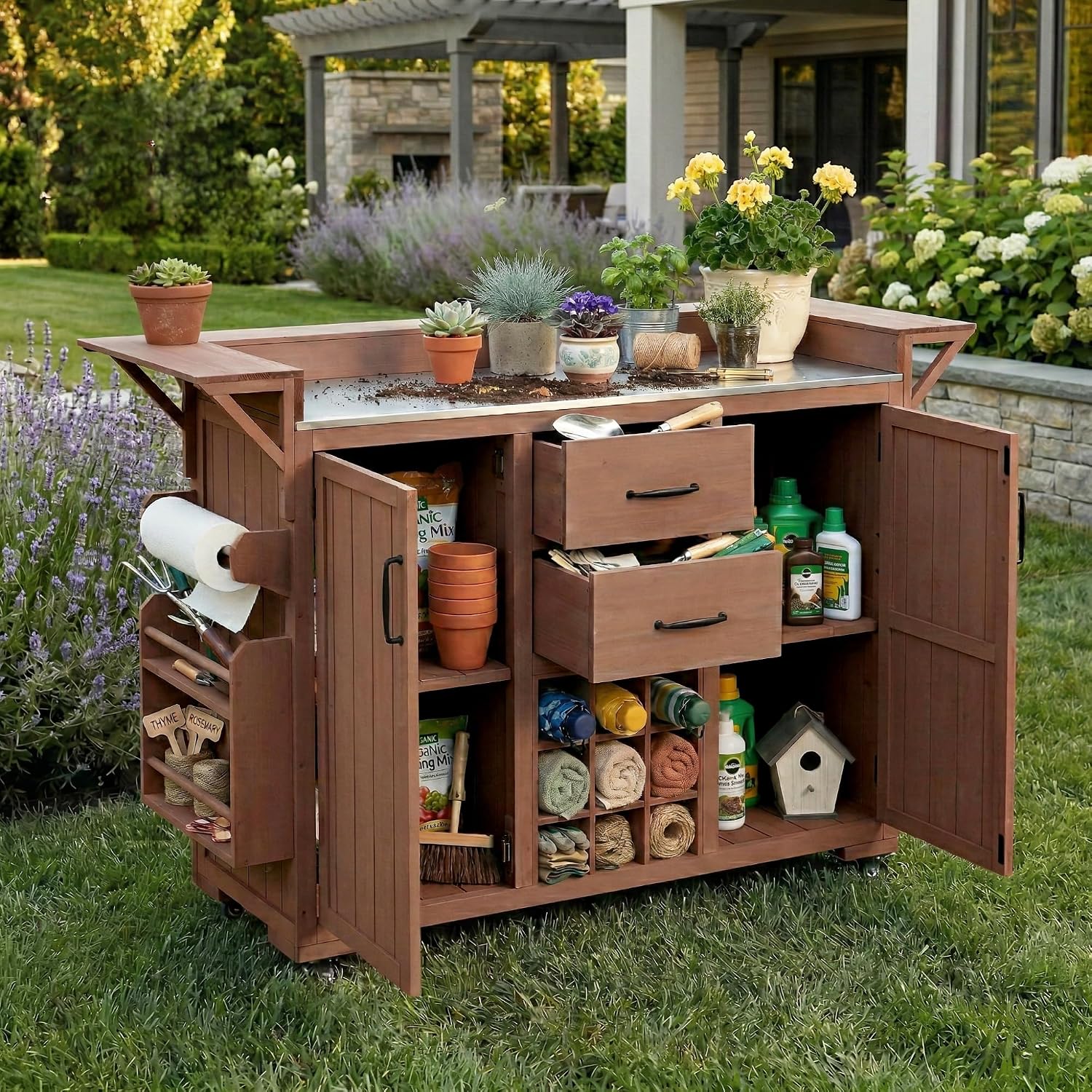 Modern 60.2''W Outdoor Kitchen Island with Wheels, Rolling Patio BBQ Kitchen Cart with Stainless Steel Top, Wood Grill Cart with Spice Rack&Wine Rack,2 Drawers (Brown-60.2'')