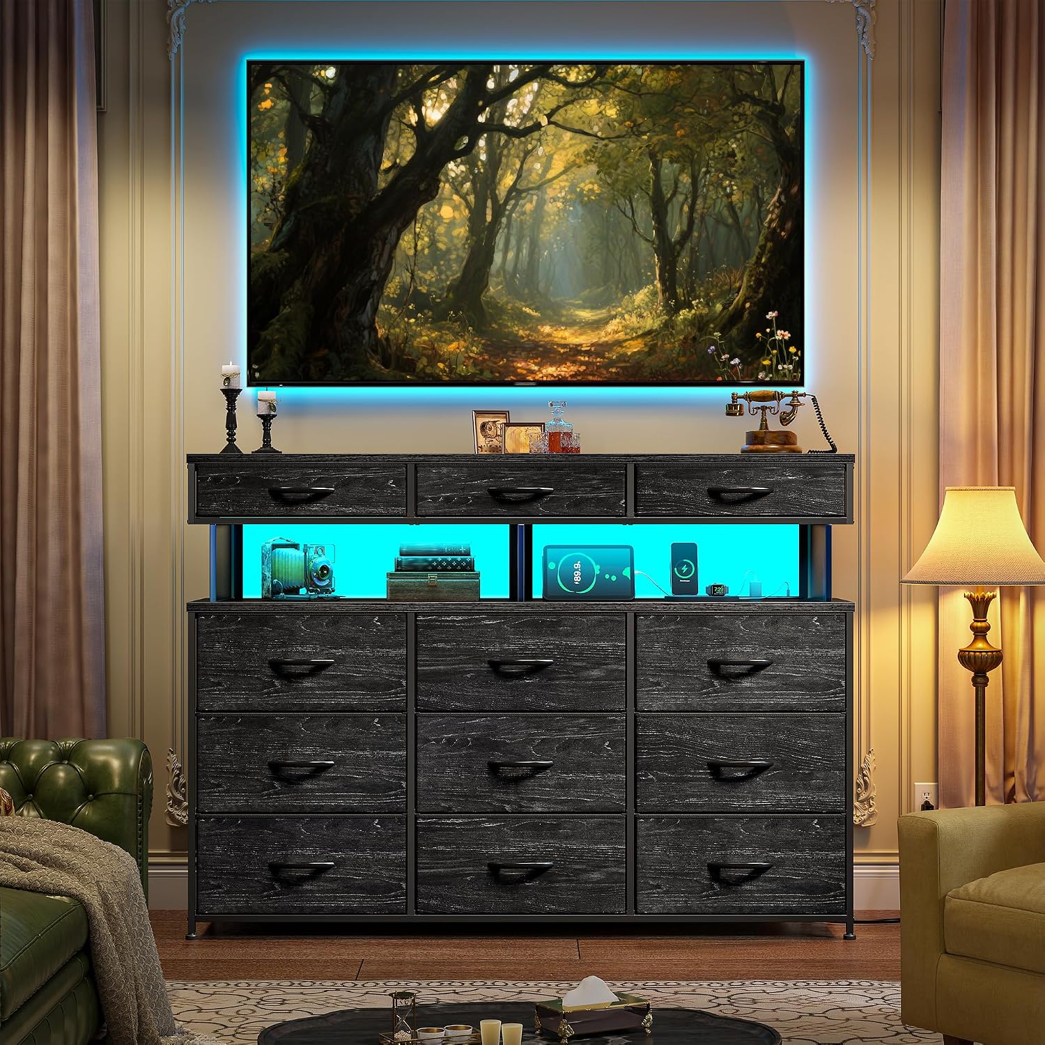 Romorgniz Black Dresser for Bedroom with Charging Station and LED Lights, Fabric Dressers & Chest of Drawers, Dresser TV Stands for Living Room, Open Shelves, 10MM Thick Acrylic Sheet