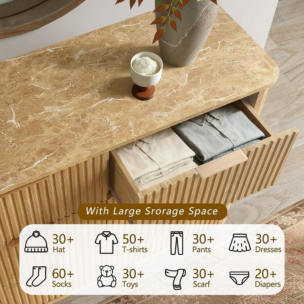 win2win 6 Drawer Dresser, Modern Dresser with Storage, 47' Wide Fluted Chest of Drawers with Faux Marble Top, Dressers TV Stand, Minimalist Drawers Organizer for Bedroom, Living Room, Hallway, Oak