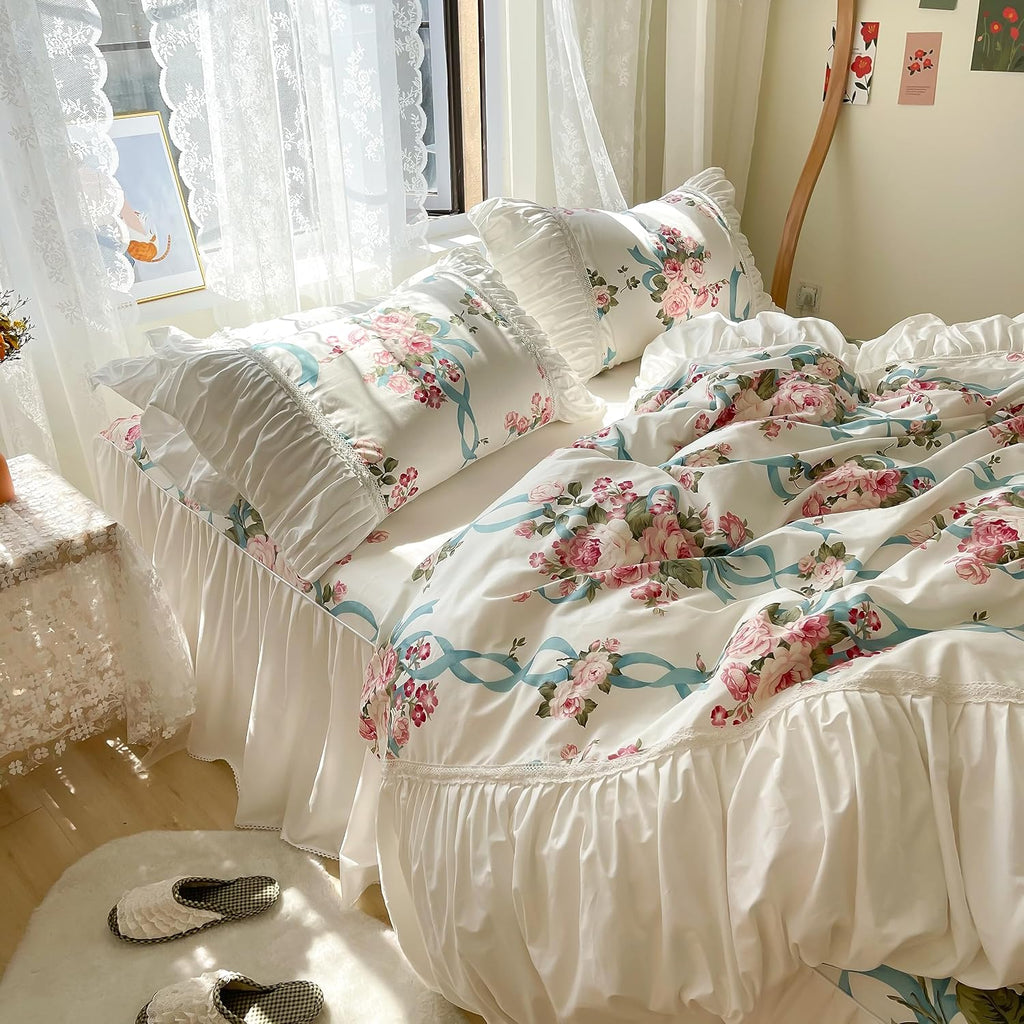LELVA Vintage Wrinkle Design Duvet Cover Set Full Floral Romantic Ruffled Bedding for Girls 4 Piece White Bed Skirt