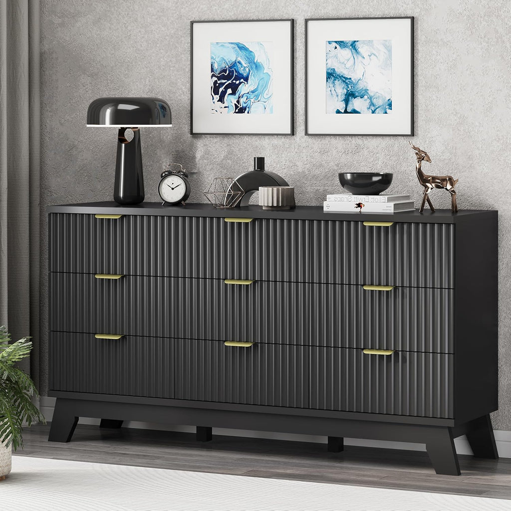 Xixini Fluted Dresser for Bedroom with 9 Drawers, 57' Wide Chest of Drawers with Metal Handle, Modern Wood Dresser TV Stand, Wooden Closet Clothes Storage Organizer for Living Room, Hallway, Black